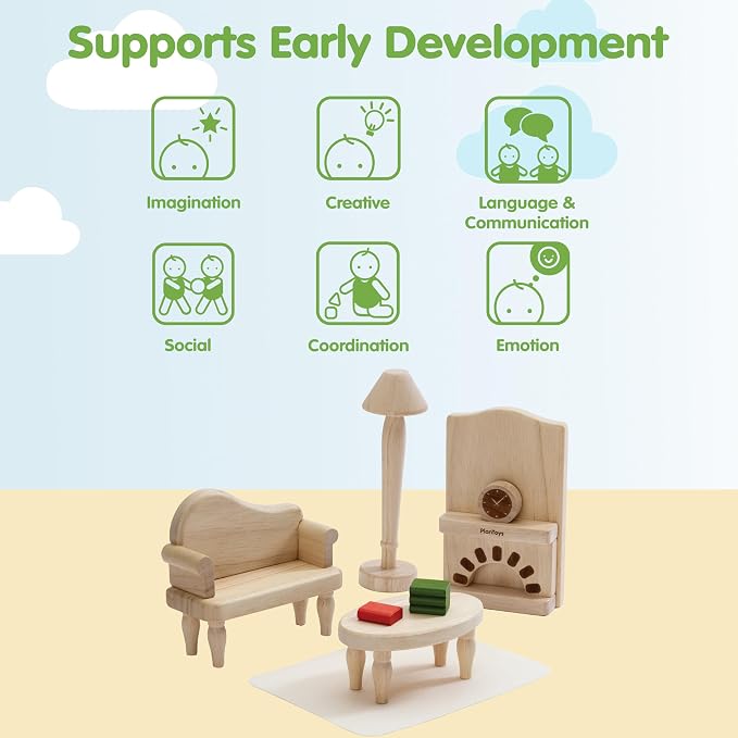 PlanToys® Wooden Victorian Living Room Set | Montessori Dollhouse Living Space for Social Interaction, Family Play & Imaginative Storytelling | Eco Friendly Wooden Dollhouse Living Room Furniture