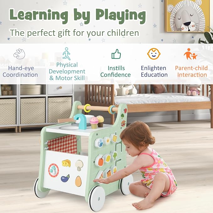 HOMGX Baby Push Walker with Wheels, 6-in-1 Wooden Montessori Toys, Toddler Learning Walker Activity Center, Pretend Kitchen Playset with Shape Sorter, Tool Toy for Kids Boys Girls Ages 12M+