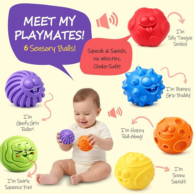 Baby Sensory Balls for 6-12 Months, 6PCS Textured Infant Toys | Easy Grasp Ball Set, Soft Teething Toys Baby Development, Fine Motor Skills, Bright Color, Early Learning Gift