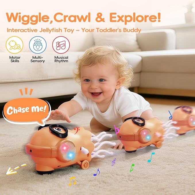 GONINO DJ Dancing Jellyfish Baby Toys, Musical Crawling Tummy Time Toys with LED Light & Smart Obstacle Avoidance, 360° Spin Sensory Toys for Toddlers, Kids Toys Birthday Gifts for Boys Girls, Orange