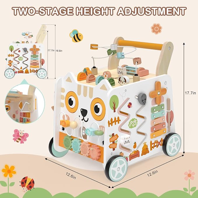 Weilim Wooden Baby Push Walker with Activity Center, Montessori Toy 12M+ | 16-in-1 Bead Maze Shape Sorter Xylophone, Height Adjustable, Non-Slip Wheels, BPA-Free Wood, Toddler Gift for Boys Girls