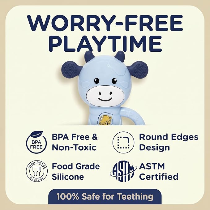 MooMoo Baby Musical Toy, 4‑in‑1 Light‑Up Sensory Toy & Teether for 3–24 Month Babies, BPA‑Free with Easy‑Grip Handle, Cute Cow‑Shaped Travel Toy for Car Seat & Stroller (Blue)