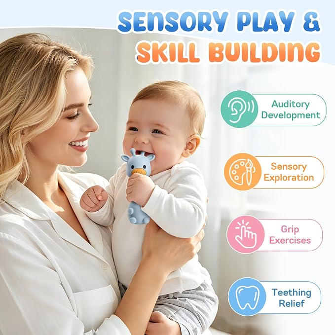 Baby Teething with Rattle Toys 3-6 6-12 Months, BPA Free Silicone Baby Teether, Infant Chew Toys for Teething Relief, Baby Gifts for Newborn Boys Girls, Easy-Grip, Blue