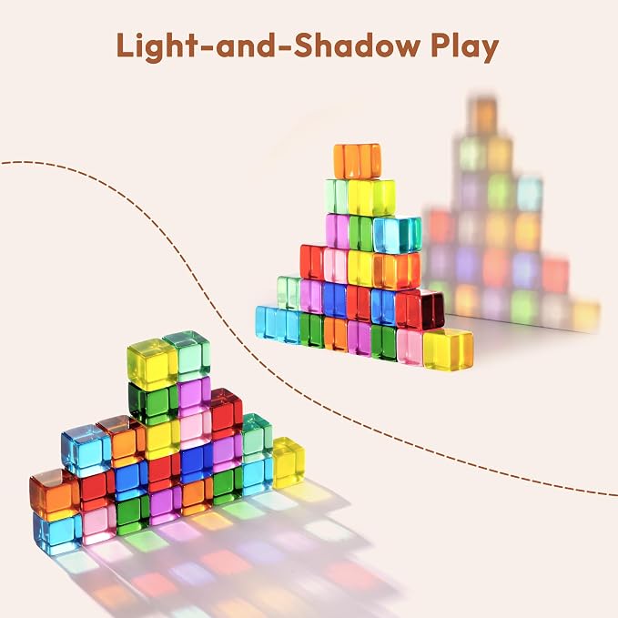 Woodtoe Rainbow Building Blocks for Toddlers, 24 PCS Acrylic Gem Cubes Stacking Blocks, Montessori Stacking Toy for 3 4 5 6 Year Old, Educational STEM Creative Sensory Toy Gifts for Kids Boys Girls