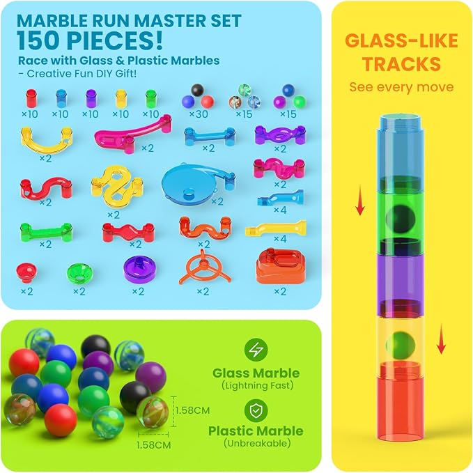 MaxTronic Glowing Marble Run, 150 Pcs Marble Race Building Blocks Construction STEM Learning Toys Perfect Christmas Birthday Gift for Boys and Girls Aged 3-12