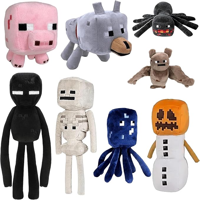 XSLWAN 8Pack Snow Golem Plush, Enderman Plush, Baby Wolf, Baby Pig, Spider, bat, Skeleton Shooter, Squid Stuffed Animals Toys，Great Gift for Children and Fans.
