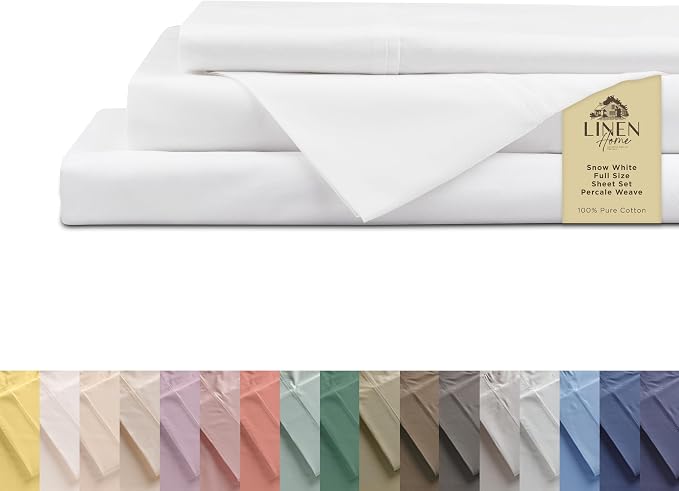 Linen Home 100% Cotton Percale Sheets Full Size, Snow White, Deep Pocket, 4 Pieces Set - 1 Flat, 1 Deep Pocket Fitted Sheet and 2 Pillowcases, Crisp Cool and Strong Bed Linen