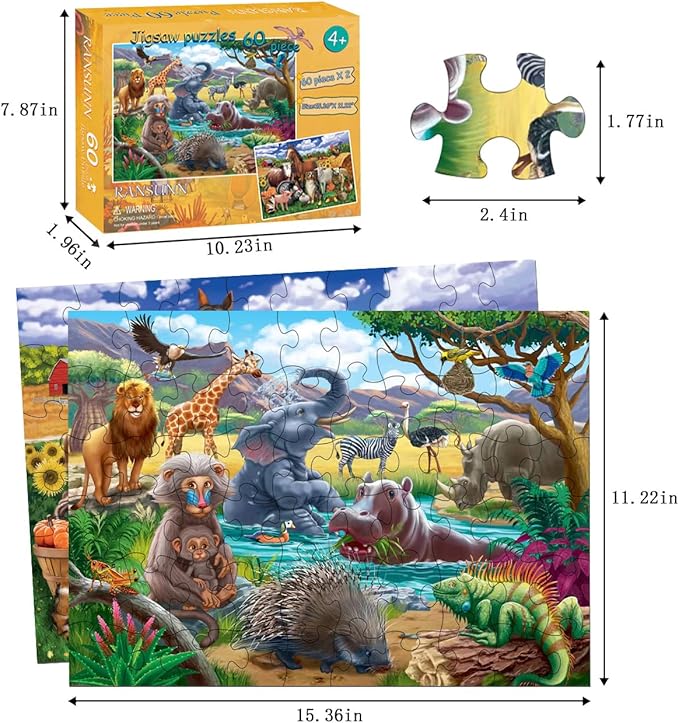 RANSUNN Puzzles for Kids Ages 4-6 - Farm & Wild Animal,2 Packs 60 Piece Puzzle for Kids Ages 3-5 6-8,Toddler Children Learning Educational Jigsaw Puzzles Toys for Boys and Girls.