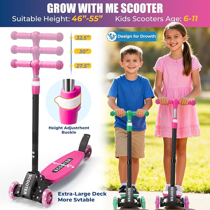 3 Wheel Scooter for Kids Ages 3-12, LED Light-Up Kids Kick Scooter–Portable Foldable, Adjustable Height, Durable Metal Construction, 6" Extra Wide Deck for Outdoor Activities,Child Safety Certified