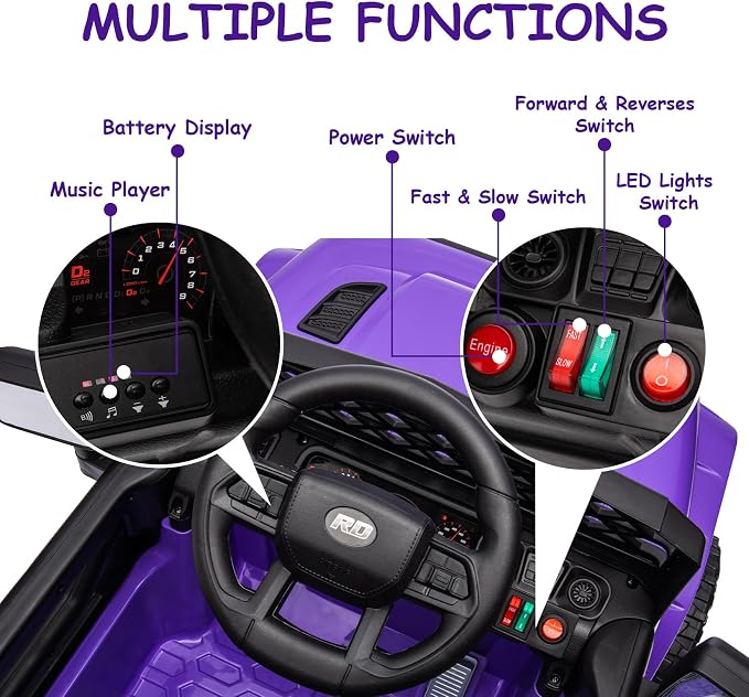 GarveeLife 12V Kids Ride On Truck Electric Vehicle Battery Powered Car Toddles Ride On Toy for Boys Girls with Remote Control, 4-Wheel Suspension, Battery Display, LED Lights, Music, Purple