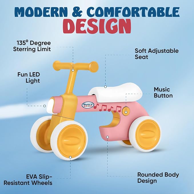 Henry & Colin First Balance Bike for 1 Year Old, 4 Wheel Toddler Bike with Fun Lights & Music, Soft Seat, No-Pedal Ride On Toy, 1st Birthday Gift for Boys & Girls Ages (12–36 Months) Classic Pink