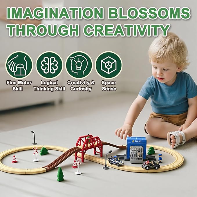 Wooden Train Set for Toddlers, 52Pcs Train Toy with Railway Track for Kids, Wooden Train Tracks Include Expansion Pack Compatible with Thomas, Brio, Chuggington