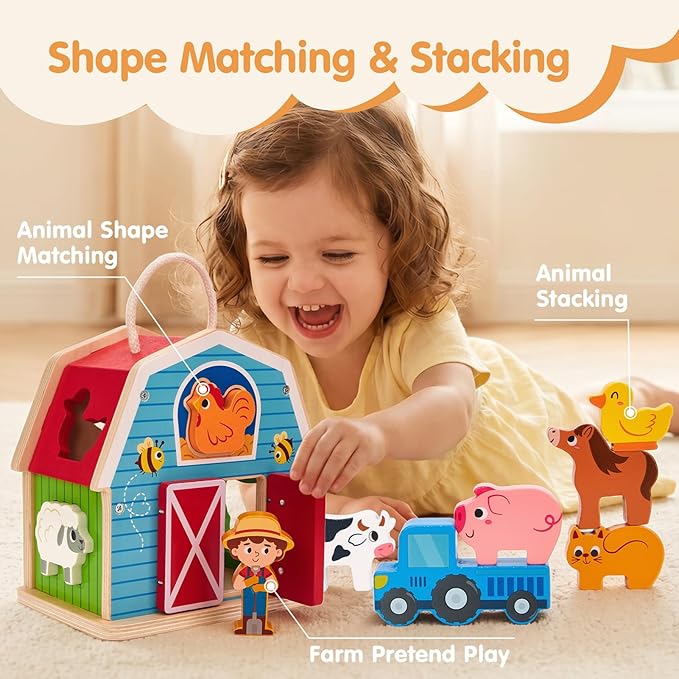 hahaland Wooden Montessori Toys for 1 Year Old, Farm Animals Barn for Toddlers 1-3 Shape Sorter Stacking Learning Toy for 1 2 3 Year Old Boys Girls Educational Toy Christmas Birthday Gift
