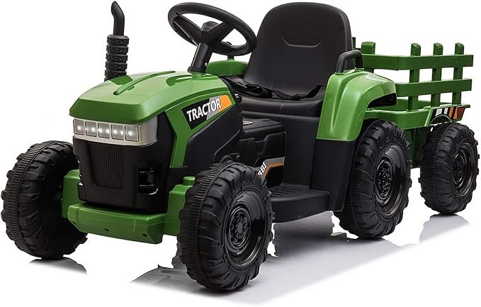 TOBBI Kids Electric Ride On Toy Tractor, Toddlers 12V Battery-Powered Car to Drive, 35W Dual Motor 6-Wheels Trailer Vehicle with 3-Speeds/LED & Horn Functions for Chirdren Aged 3-8-Dark Green
