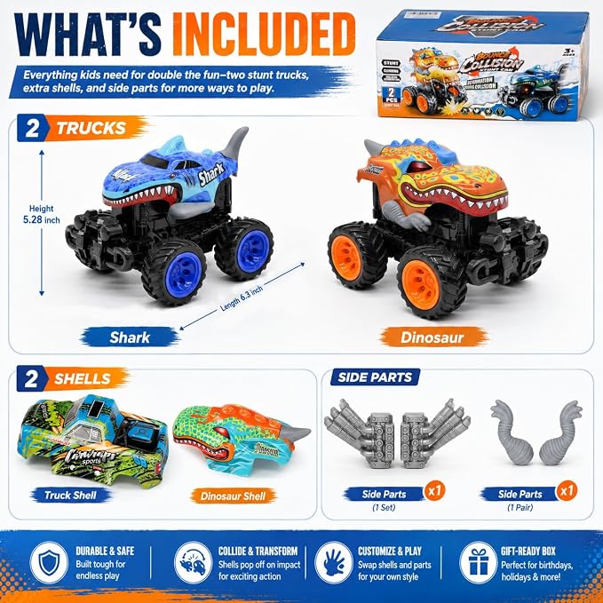 2 Exploding Pack Monster Trucks for Boys Age 4-7, Dinosaur and Shark Light Up Push and Go Toy Cars with Music, Friction Powered Birthday Gifts for Kids Ages 3-7