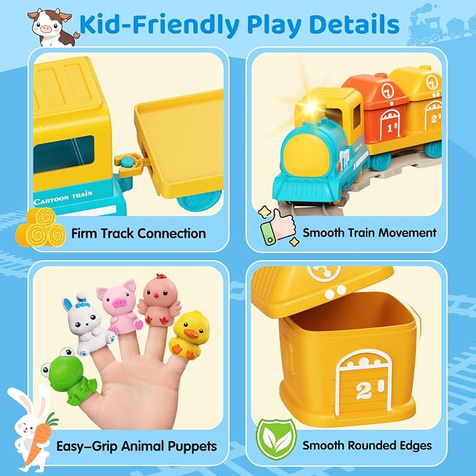Train Set for Toddlers 2-4, Electric Toddler Train Set with Farm Animals, Music & Lights, Montessori Counting & Sorting Learning Toy, Birthday Easter for Boys Girls (Blue/Yellow)