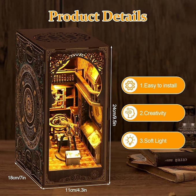 Book Nook Kit for Adult - Miniature Model Build Dollhouse Kit 3D Wooden Puzzle with Sensor Led Light for Bookshelf Bookend Insert Decor Adults Teen Crafts(Astronomy Museum)