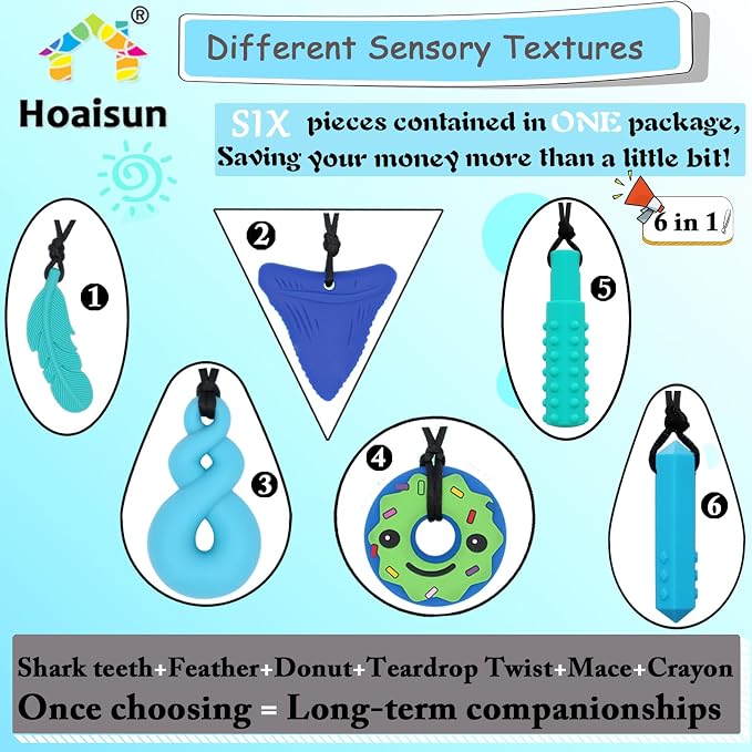 Hoaisun Chew Necklaces for Sensory Kids, 6 Pack Chewy Necklace Sensory for Kids with Autism, ADHD, SPD, Chewing, Oral Chew Toys Silicone Teething Necklace for Adults Reduces Chewing Fidgeting