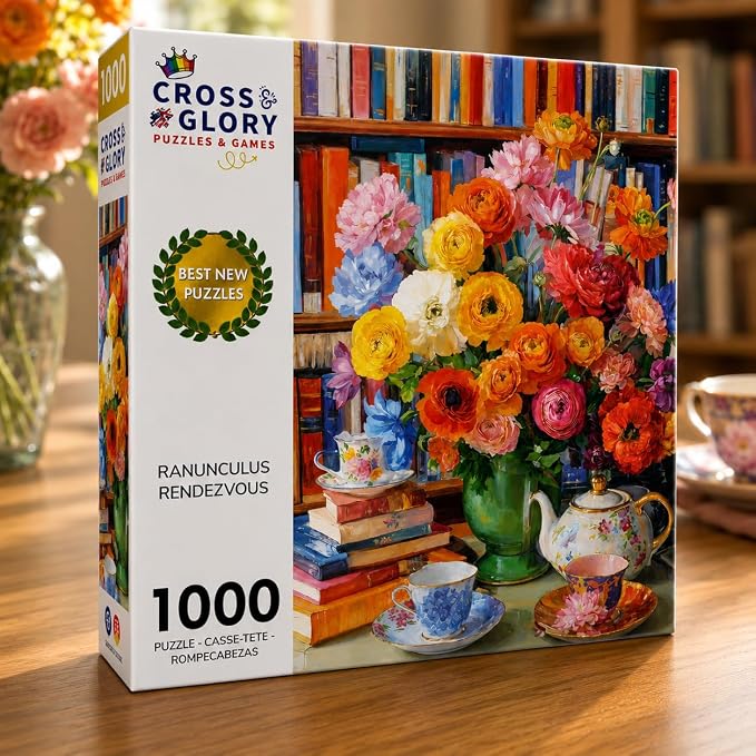 Cross & Glory - Ranunculus Rendezvous - 1000 Piece Jigsaw Puzzle for Adults | Colorful Floral Puzzle for Puzzle Lovers and Art Enthusiasts