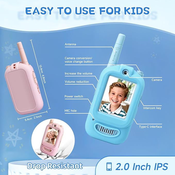 Video Walkie Talkies for Kids, Handheld 2 Pack Rechargeable Video Intercom Kids Walkies Talkies, Indoor Outdoor Toys for Family Games, Outside, Camping, Hiking for Boys Girls Ages 3-12 (B/P co)