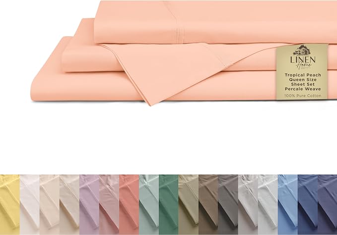 Linen Home 100% Cotton Percale Sheets Queen Size, Tropical Peach, Deep Pocket, 4 Pieces Set- 1 Flat, 1 Fitted and 2 Pillowcases, Crisp Cool and Long Staple Strong Bed Linen