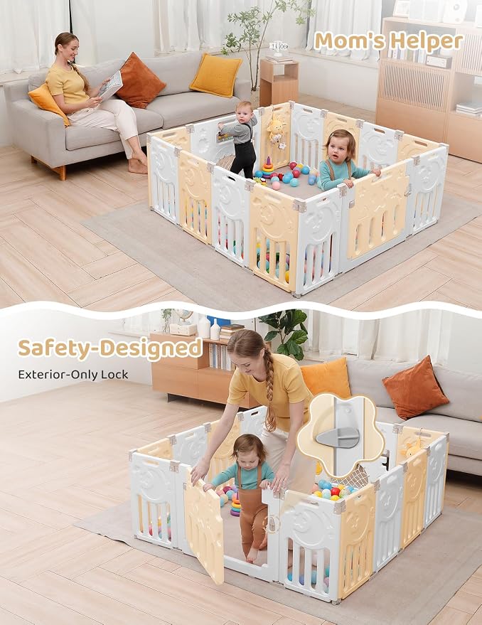 Dripex Baby Playpen, 14-Panel Foldable Playard for Toddlers 6-36 Months, Adjustable & Portable Indoor Outdoor Safety Play Area with Anti-Pinch Design, Game Panel and Safety Gate, Yellow White