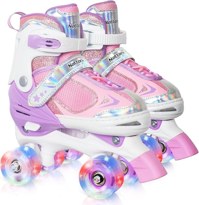 Nattork Kids Roller Skates for Boys Girls Kids, 4 Sizes Adjustable Quad Skates with All Light up Wheels - Birthday Gift for Indoor Outdoor Sports