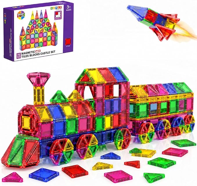 Mini Magnetic Tiles - 75 PCS Travel Magnetic Tiles, Micro Magnet Travel Toy for Kids Ages 3+, STEM Educational Building Set Construction Toys, Boys Girls Toddlers Birthdays Day Gifts