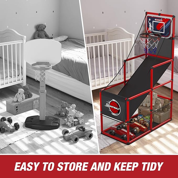 HYES Basketball Arcade Game Indoor Outdoor, Kids Basketball Hoop with 4 Balls & Pump, Single Shot Basketball Game at Home, Carnival Games Sport Toys for Boys Girls Teens