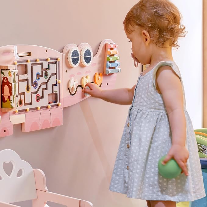 ROBUD Wooden Busy Board for Toddlers - Montessori Toys, Wall Mounted Activity Centre with Gears, Maze & Sorting Games, Baby Busy Board Toddler Toy Gifts for 3 Year Old and up, Girls & Boys