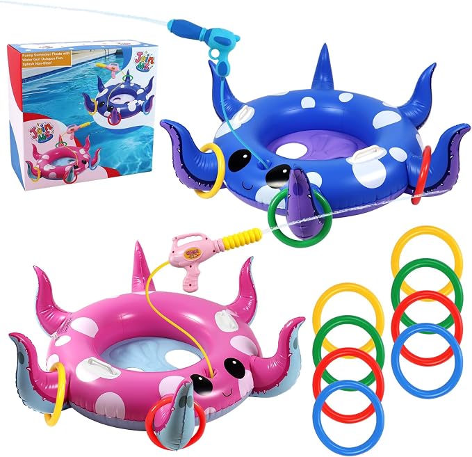 2 Pack Octopus Kids Pool Floats with Water Gun & Ring Toss Game, Summer Swimming Inflatable Pool Toys for Kids Ages 3-8, Outdoor Beach Water Play Gifts for Toddlers (Blue & Pink)