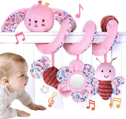 Spiral Car Seat Toy for Babies 0-6-12 Months Girl, Stroller Hanging Baby Toys 0-3-4-5-6-7-8-9-12 Month Old Newborn Infant Toddler Rabbit Gifts Travel Carseat Mirror Crinkle Bunny Accessories