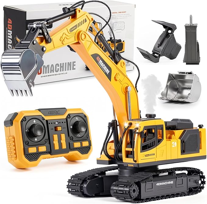 Remote Control Excavator Toy for Boys, 1:18 14-Channel RC Excavator with 3 Attachments, 2×1200mAh Batteries, Construction Toy for Sandbox Outdoor Play, Birthday Gift for Kids