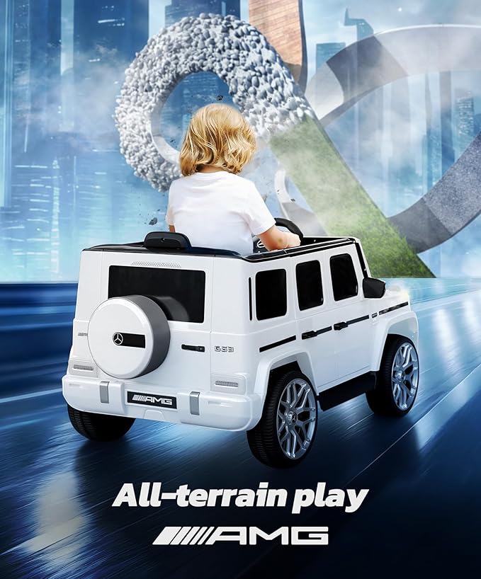 ELEMARA Licensed Mercedes-Benz AMG G63 Ride on Toys,Electric Car for Kids W/Parents Control,Electric Powered G Wagon Ride On Truck Toy,Low Battery Prompt,Bluetooth,Flickering Lights/LED Lights, White