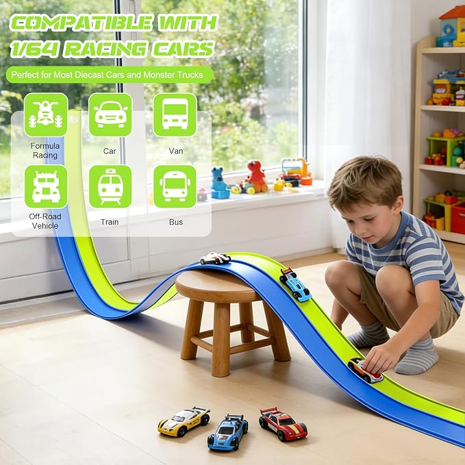 Flexible Race Track Toys for Kids, 15 Ft Flex Tracks Starter Set with Strong Suction Cups - Compatible with Hot Wheels and Diecast 1/64th Cars, Rolls up Portable Race Car Ramp Track (Blue Green)