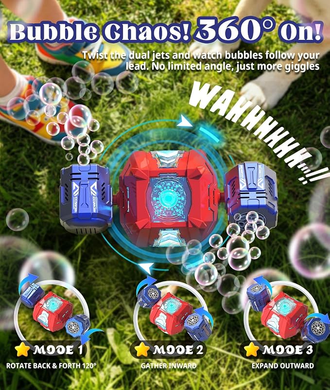 Bubble Machine - Auto 360° Rotation, Remote Control(65-131ft), 9Colors RGB Lights, 40000+ Bubbles, USB-C Rechargeable - Gift Toys for Kids, Toddler, Boys, Girls, Parties, Birthday, Wedding