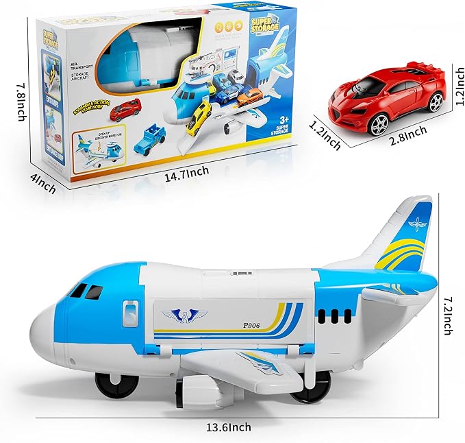 LOVE LIFE Airplane Toy Set Transport Cargo Plane Play Toy Gift for 3 4 5 6 Years Old Boys Girls Kids,Aircraft Vehicle Toys with 5 Mini Cars,Helicopter and Construction Worker