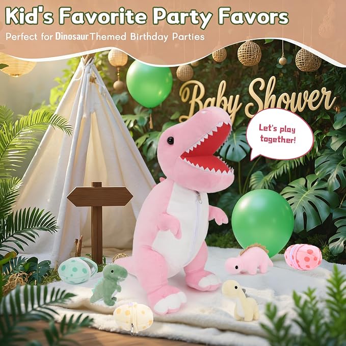 MorisMos Dinosaur Stuffed Animal with Babies Inside Belly, 23.6'' Interactive Talking Mommy Stuffed Dino T-rex Plush with 3 Baby Dinos & Eggs, Boy Girl Dinosaur Toys for Kids 3-8, Pink T-rex Toys Gift
