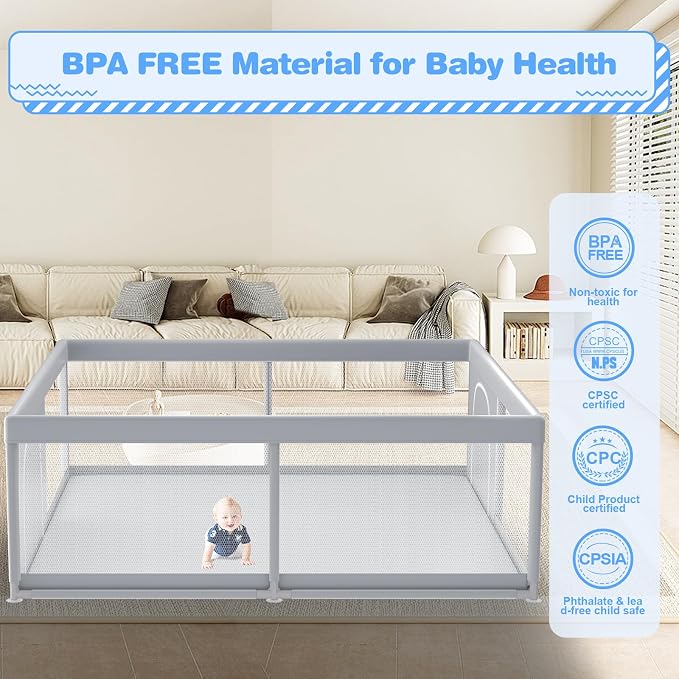 XVISHX Baby Playpen, 79 x 79 Inch Play Pen, Playpen for Babies and Toddlers, Baby Playard for Indoor & Outdoor Active Center Game Fence, with Skin-Friendly Fabric and Soft Breathable Mesh Grey