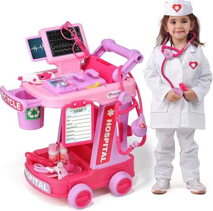 Liberry Doctor Kit for Toddlers Ages 3 4 5, Pretend Kids Doctor Playset with Cart, Costume and Stethoscope, Role Play Medical Toys Birthday Gift for Girls Boys (Pink)