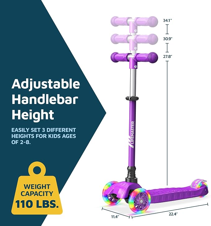 Lifemaster Mini 3-Wheel Kids Scooter with Multi-Color Wheel Lights – 4-Height Adjustable Handlebar, Wide Anti-Slip Deck, Child Safety Certified, Boys & Girls Ages 2+ Supports Up to 110 lbs