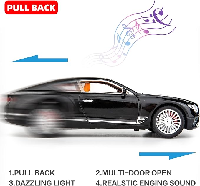 WAKAKAC Compatible for 1/24 Bentley Continental GT Model Car Alloy Diecast Toy Car Collectible Pull Back Toy Vehicles with Sound and Light Door Can Be Opened for Girls Boys Gift(Black)