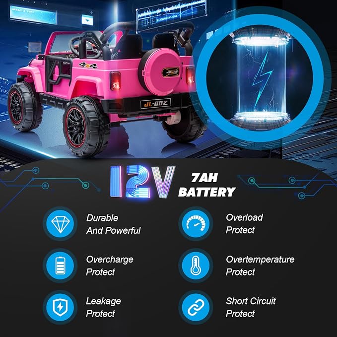 2 Seater Ride On Truck and Car Cover, 12V Children's Electric Car with Parental Remote Control, Music, Bluetooth, MP3 Player, LED Lights, Spring Suspension, Pink