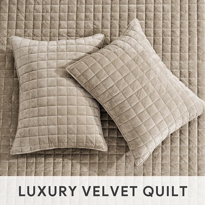RECYCO Luxury Velvet Quilt Set Full Queen Size Bedding Sets, Ultra Soft Velvet Comforter Set, Lightweight Channel Box Stitch Oversized Bedspread Coverlet for All Season, with 2 Shams, Urban Taupe
