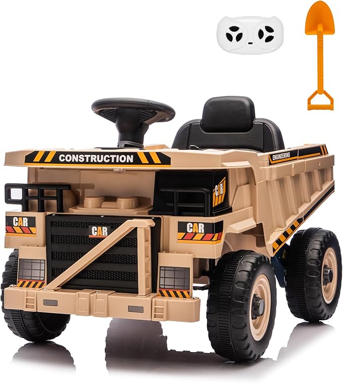12V Ride On Dump Truck Kids Ride On Car for Kids, Battery Powered Electric Car with Remote Control, Electric Dump Bed, Wear-Resistant Tires, 4 Wheels Tractor Ride On Toys, Khaki