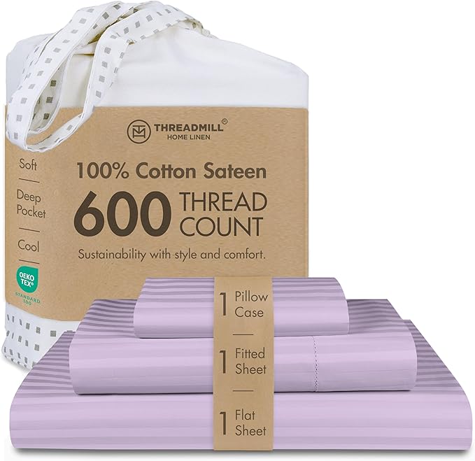 Threadmill 100% Cotton Sheets for Twin XL Mattress| 600 Thread Count Twin XL Bed Sheets Set with 15” Deep Pocket | Damask Stripe Sateen Weave 3-Piece Bedding Set with Cooling Effect | Lilac