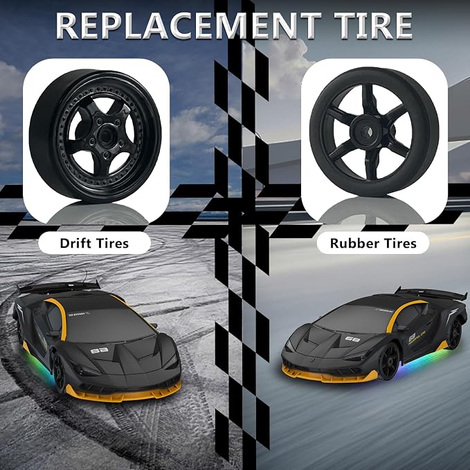 Remote Control Car RC Drift Car 2.4GHz 1:24 4WD 15KM/H High Speed Racing Sport Car with LED Lights Drifting Tire Racing Sport Toy for Adults Boys Girls Kids Gift 2Pcs Rechargeable Batteries