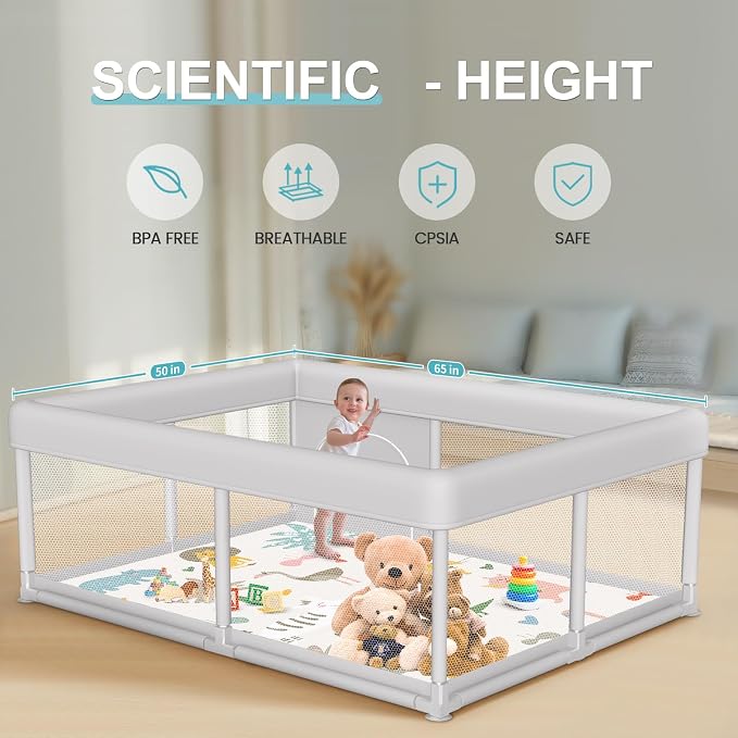 Hiaksedt Baby Playpen with Mat 65 x 50 Inch, PlayPen for Babies and Toddlers, Sturdy Safety Play Yard for Indoor & Outdoor with Zipper Gates