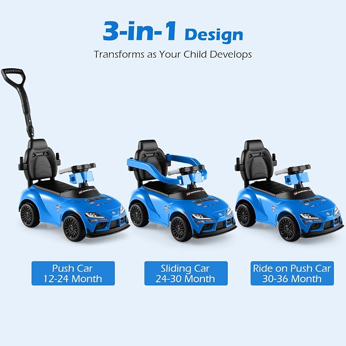 Licensed Toyota Ride on Push Car for Toddlers by INFANS, 3 in 1 Walking Sliding Toy with Removable Guardrails and Handle, Music, Under Seat Storage for Kid (Blue)