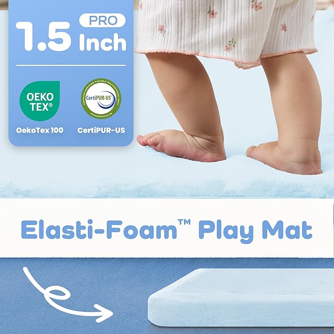 1.5" Thick Padded Baby Play Mat for Floor Tummy Time, Pro Soft Foam Activity Playroom Playmats, Easy Care with Non-Slip Safe for Infant Toddler Kids Crawling 59"x 71" (Blue)